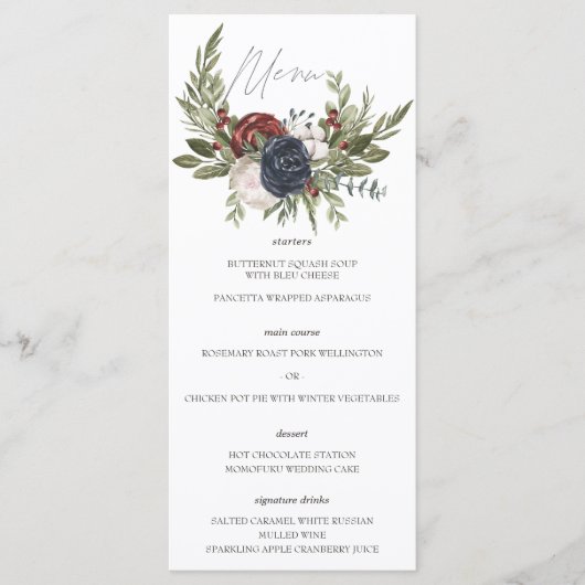 Elegante Winter Bloem Boho Botanisch Trouwmenu Menu (Voorkant)