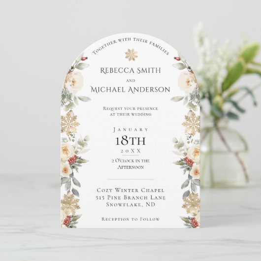 Elegante Winter Bloemen Boog Vormig Huwelijk Kaart (Staand voorkant)