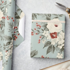 Elegante Winter Bloemen Frosted White & Crimson Cadeaupapier