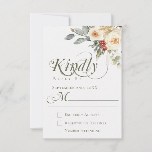 Elegante Winter Bloemen Kalligrafie Script Trouwen RSVP Kaartje (Voorkant)