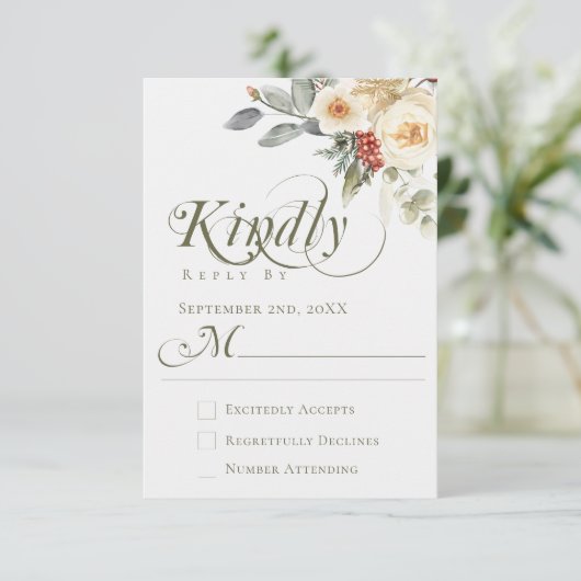 Elegante Winter Bloemen Kalligrafie Script Trouwen RSVP Kaartje (Staand voorkant)