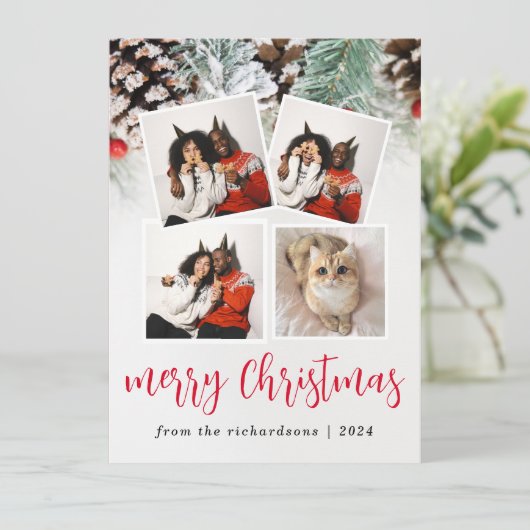 Elegante winter Bloemen Kerstmis Familie 5 Foto Feestdagenkaart (Staand voorkant)