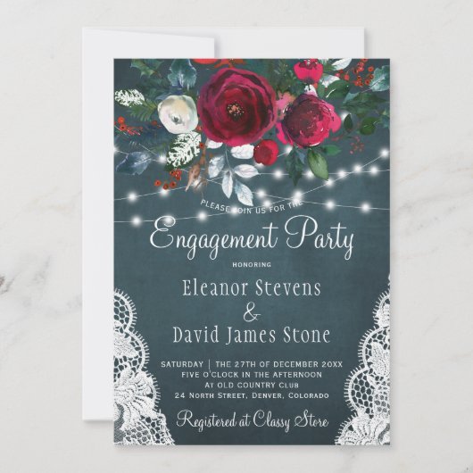 Elegante winter bloemen rustieke verlovingsfeest kaart (Voorkant)