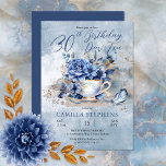 Elegante Winter Bloemen Teacup 30e verjaardag Par- Kaart<br><div class="desc">Elegante,  stijlvolle en verfijnde blauwe winterbloemen met een prachtige blauwe vogel die op de theeschotel theekopje ontwerp "30th Birthday Par-Tea" zit.</div>