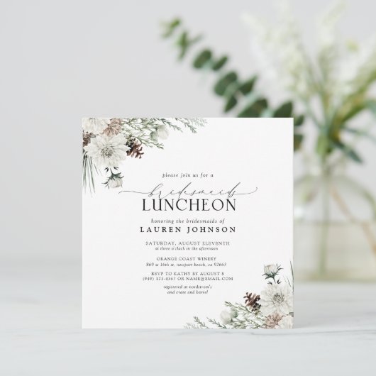 Elegante Winter Bloemen Waterverf Bruids Luncheon Kaart (Staand voorkant)