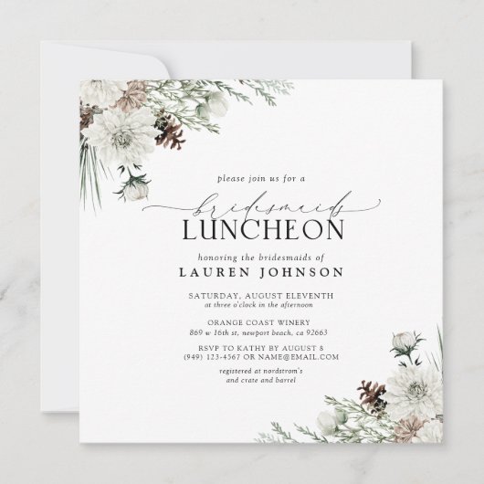 Elegante Winter Bloemen Waterverf Bruids Luncheon Kaart (Voorkant)