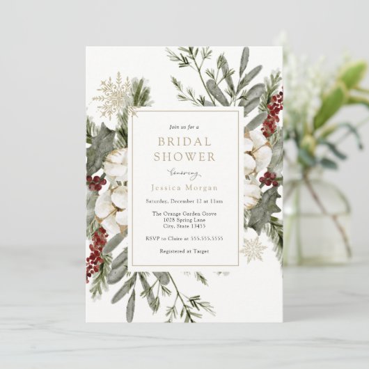 Elegante winter bloemenbruids douche uitnodiging (Staand voorkant)