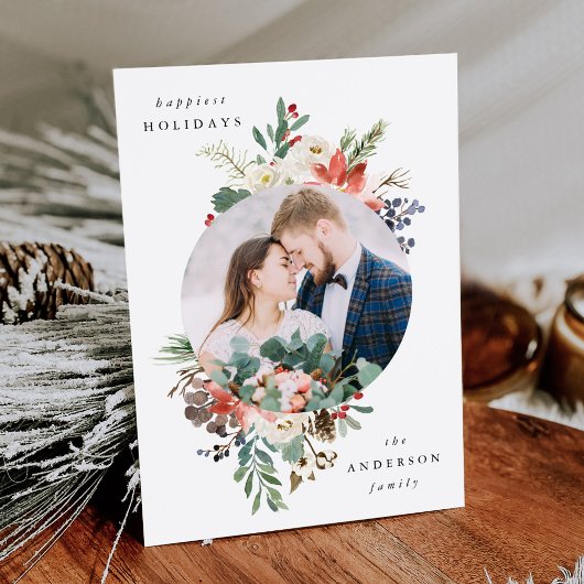 Elegante Winter Bloemencirkel Frame Foto Feestdagenkaart