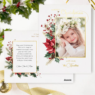 Elegante Winter Bloemengold Merry Christmas 1 Foto Folie Feestdagen Briefkaart