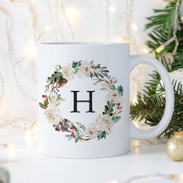Elegante winter bloemenkrans monogram vakantie koffiemok