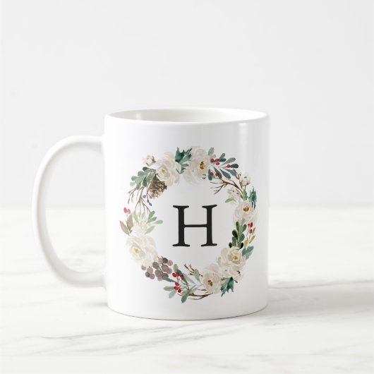 Elegante winter bloemenkrans monogram vakantie koffiemok (Links)