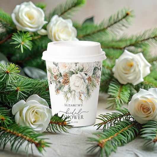 Elegante Winter Bloemige Planten Bruidsdouche Papieren Bekers