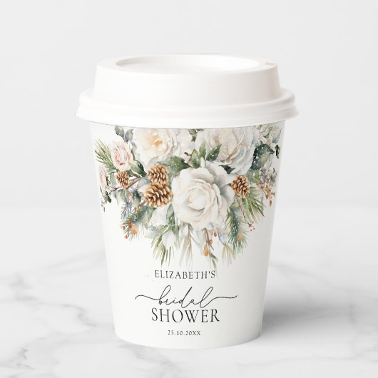 Elegante Winter Bloemige Planten Bruidsdouche Papieren Bekers (Voorkant)