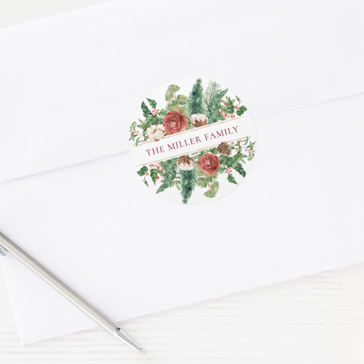 Elegante Winter Bloemrijke Kerst Ronde Sticker