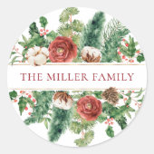 Elegante Winter Bloemrijke Kerst Ronde Sticker (Voorkant)