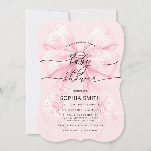 Elegante Winter Blush Pink Bow Girl Baby shower Kaart (Voorkant)