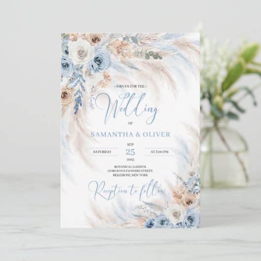 Elegante winter boho stoffig blauw en ivoor bloeme kaart (Staand voorkant)