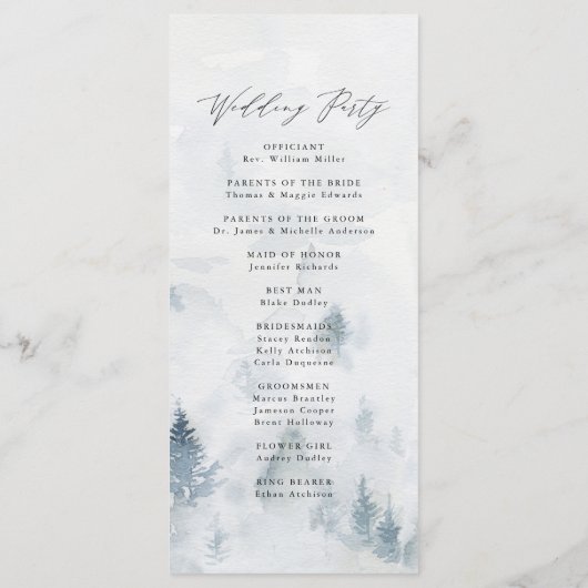 Elegante Winter Bos Trouwceremonie Programmakaart (Achterkant)