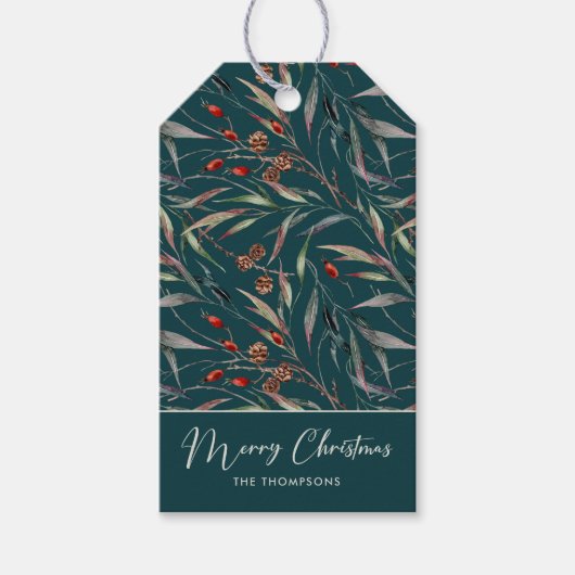 Elegante Winter Botanisch Groen Vrolijk Kerstfeest Cadeaulabel (Voorkant)