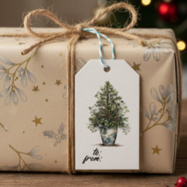 Elegante winter botanische cadeaukaart met pijnboo cadeaulabel