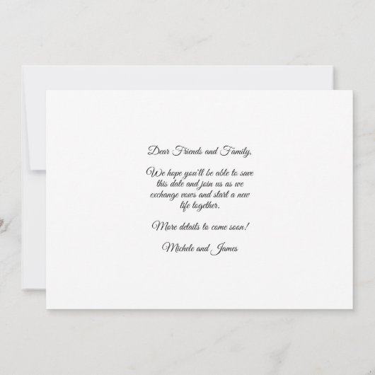 Elegante Winter Bruiloft Bewaar de datum Foto Aankondiging (Achterkant)