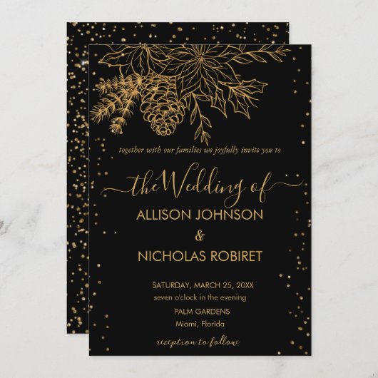 elegante winter bruiloft faux goud Uitnodiging (Voorkant / Achterkant)