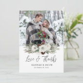 Elegante winter dennen kegel bruiloft foto bedankkaart (Staand voorkant)