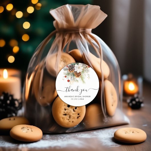 Elegante Winter Evergreen Bruidsuitnodiging Bedank Ronde Sticker