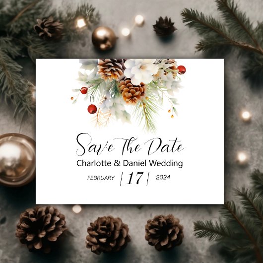 Elegante Winter Evergreen en Rowan Berries Bruilof Save The Date