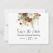 Elegante Winter Evergreen en Rowan Berries Bruilof Save The Date (Voorkant)