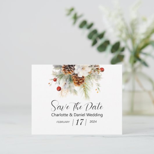 Elegante Winter Evergreen en Rowan Berries Bruilof Save The Date (Staand voorkant)