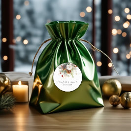 Elegante Winter Evergreen & Rowan Berries Bruiloft Ronde Sticker