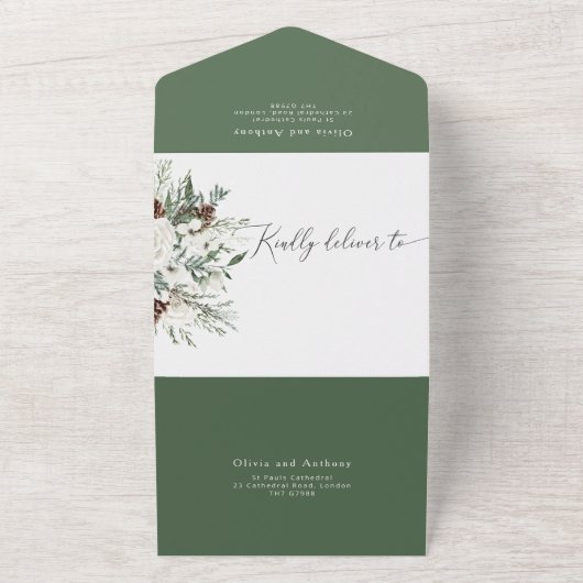 Elegante winter feestelijke groenblijvende bruilof all in one uitnodiging (Buitenkant)