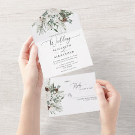 Elegante winter feestelijke groenblijvende bruilof all in one uitnodiging