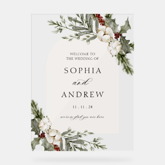 Elegante Winter Floral Arch Wedding Welkom Acryl Bord (Voorkant)