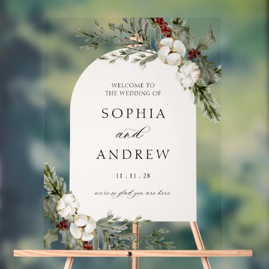 Elegante Winter Floral Arch Wedding Welkom Acryl Bord (Neutraal)
