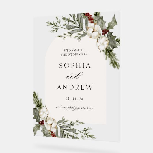 Elegante Winter Floral Arch Wedding Welkom Acryl Bord (Hoek)