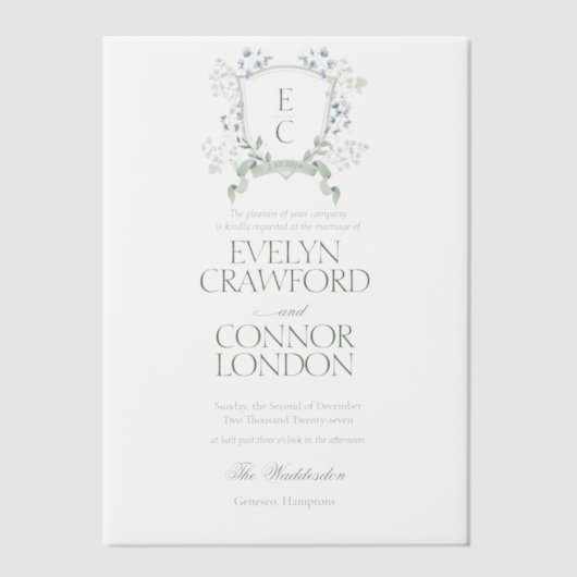 Elegante winter Floral Crest Wedding Vellum Uitnodigingen (Voorkant)