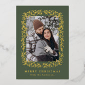 Elegante Winter Foliage Green 2 Foto Folie Feestdagenkaart (Voorkant)