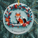 Elegante Winter Fox Natuur thema Vrolijk kerstfees Keramisch Ornament<br><div class="desc">Een zeer kerstornament in aquablauw, met als illustratie een vos in de winter met bloemen, bomen en sneeuw. Het afbeelding is plat op het oppervlak van het ornament, maar geeft de illusie van een gedetailleerd papercraft-effect, waardoor het dier en de planten extra leven krijgen. De begroeting 'Vrolijk Kerstfeest' wordt weergegeven...</div>