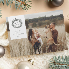 Elegante Winter Garland krans Monogram Crest Foto Feestdagenkaart