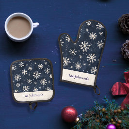 Elegante winter gepersonaliseerde marine sneeuwvlo ovenwant & pannenlap set