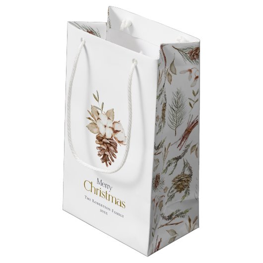 Elegante Winter Gift Bag met Pinecones Klein Cadeauzakje (Achterkant Gekanteld)