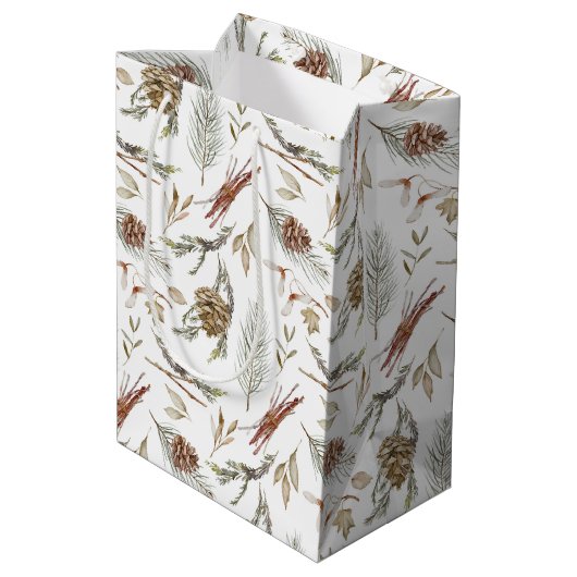 Elegante Winter Gift Bag met Pinecones Medium Cadeauzakje (Achterkant Gekanteld)