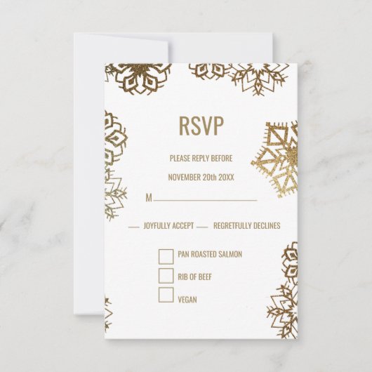 Elegante winter goud en witte trouwvoedselkeuze RSVP kaartje (Voorkant)