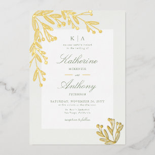 Elegante Winter Gouden Mistletoe Monogrammen Bruil Folie Uitnodiging