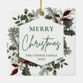 Elegante Winter Greenery Foto Kerstmis Keramisch Ornament (Achterkant)