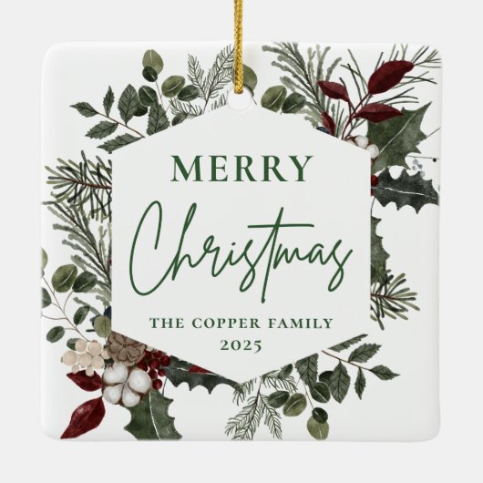 Elegante Winter Greenery Foto Kerstmis Keramisch Ornament (Achterkant)