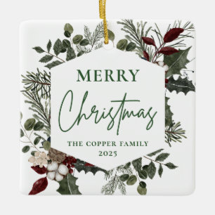 Elegante Winter Greenery Foto Kerstmis Keramisch Ornament
