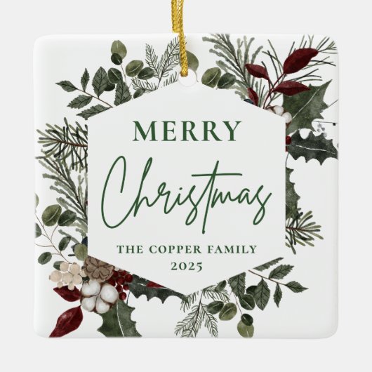 Elegante Winter Greenery Foto Kerstmis Keramisch Ornament (Voorkant)